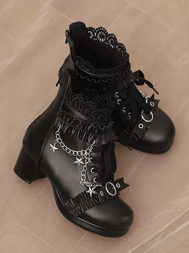 Rococo Lolita ankle boots styling guide showing coordination with heart-patterned socks, lace-trimmed legwear, and classic Lolita coordinates