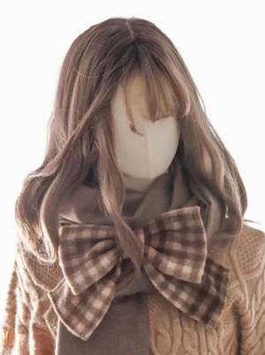 Rococo sweet lolita coffee brown gingham bow scarf accessory set front modeling shot with mannequin wearing brown curly wig and knit sweater coordination