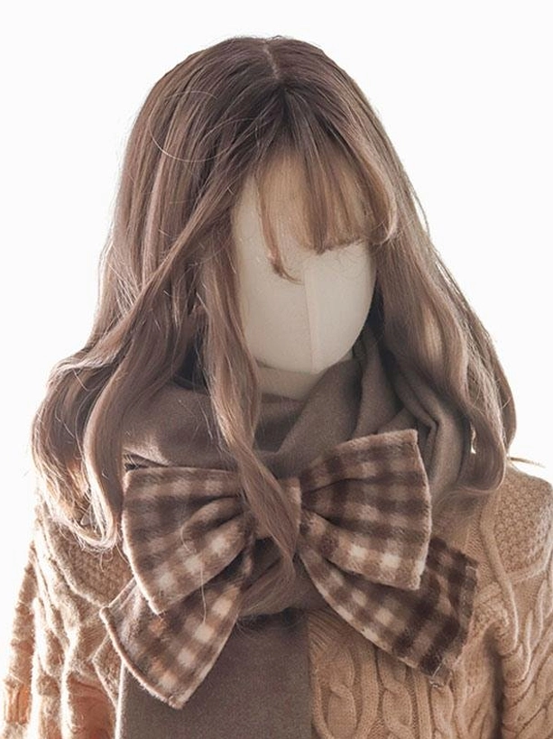 Rococo sweet lolita coffee brown gingham bow scarf accessory set front modeling shot with mannequin wearing brown curly wig and knit sweater coordination