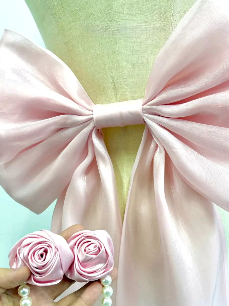 Rococo Lolita detachable train bow tail accessory satin fabric with ornamental rose and pearl chain embellishment styling