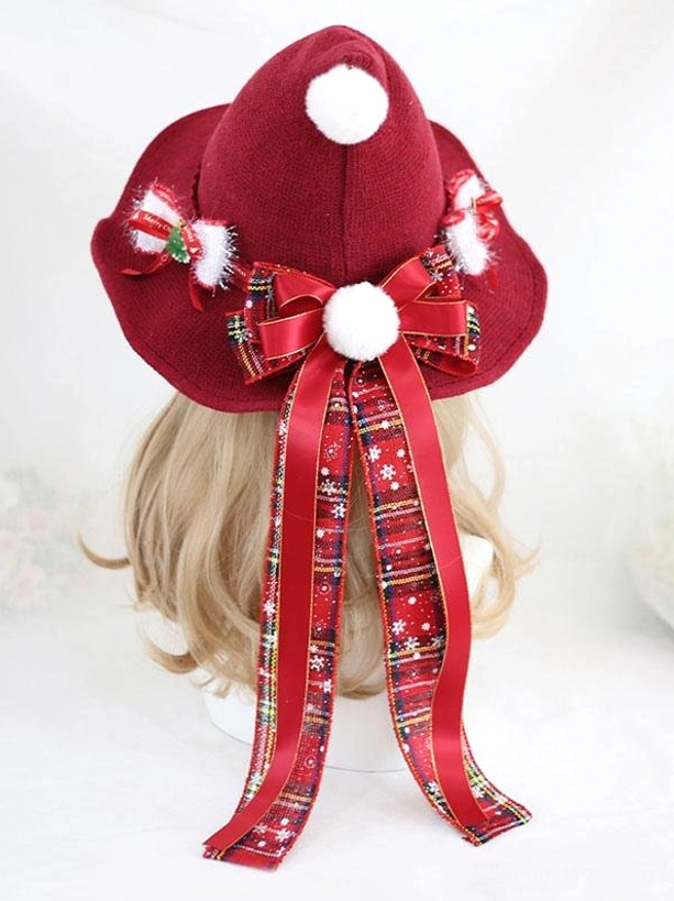 Rococo lolita headdress back view featuring wine red fabric red plaid ribbon bow and long plaid ribbon tails