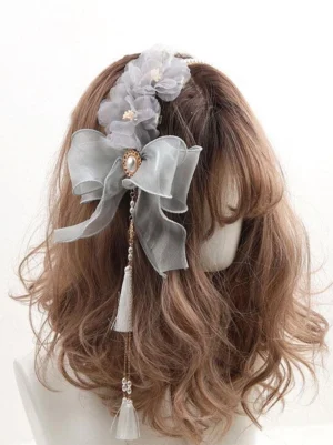 Sweet Lolita gray organza bow headpiece with grey fabric flowers gem inlaid center tassel pendant back view styling
