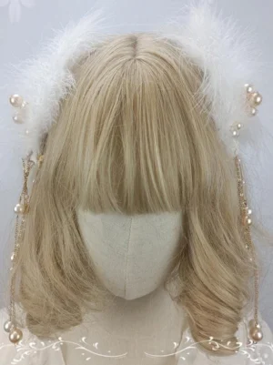 Rococo lolita headband front view featuring dual white feathers long pearl drop chains gold tone hardware on mannequin with bob wig