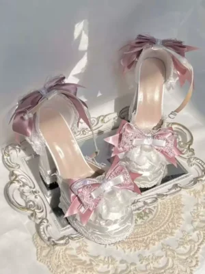 Rococo sweet lolita platform heels ecru white color block bows lace ruffles round toe chunky heel top three-quarter view detail shot