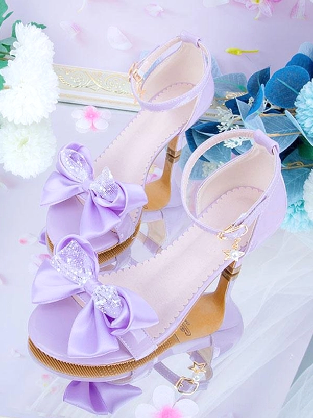 Rococo lolita heel sandals light purple leather lavender satin bow gemstone accent overhead close-up floral