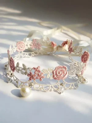 Sweet lolita lace flower choker full floral embroidery front view with pearl crystal charm pendants