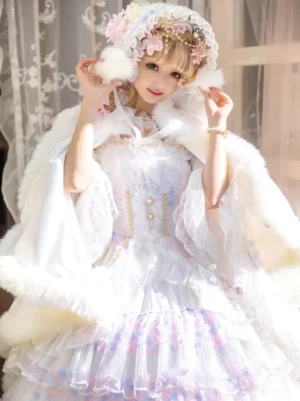 Close-up front view of white Rococo Lolita cape showing faux fur trim detail, model holding white fluffy pom-poms with floral headdress