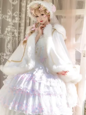 White Rococo Lolita cape with faux fur trim and gold piping worn over white ruffled Lolita dress, front three-quarter view with model in floral veil headdress