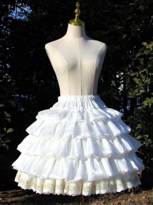 Rococo white lolita petticoat front full view outdoor garden setting showing multi-layered ruffles and elastic waistband