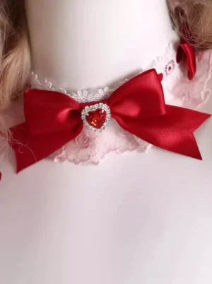 romantic-lace-choker-heart-gem-sweet-lolita-front-view-mannequin-wearing-wine-red-satin-bow-white-frilled-lace-pink-underlayer-heart-shaped-red-gemstone-rhinestone-border