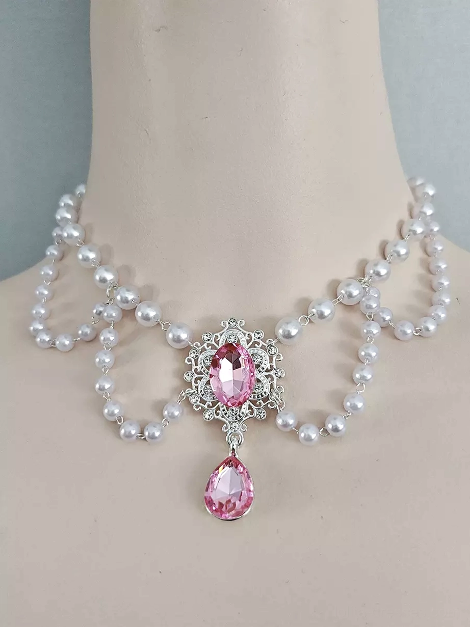 Rose quartz pink pearl choker with silver filigree pendant, double-layer white pearls, and teardrop rhinestones embodying Sweet Lolita elegance