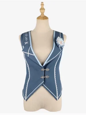 Royal blue prince lolita sleeveless waistcoat vest with metal buckles and lace trim front view on mannequin