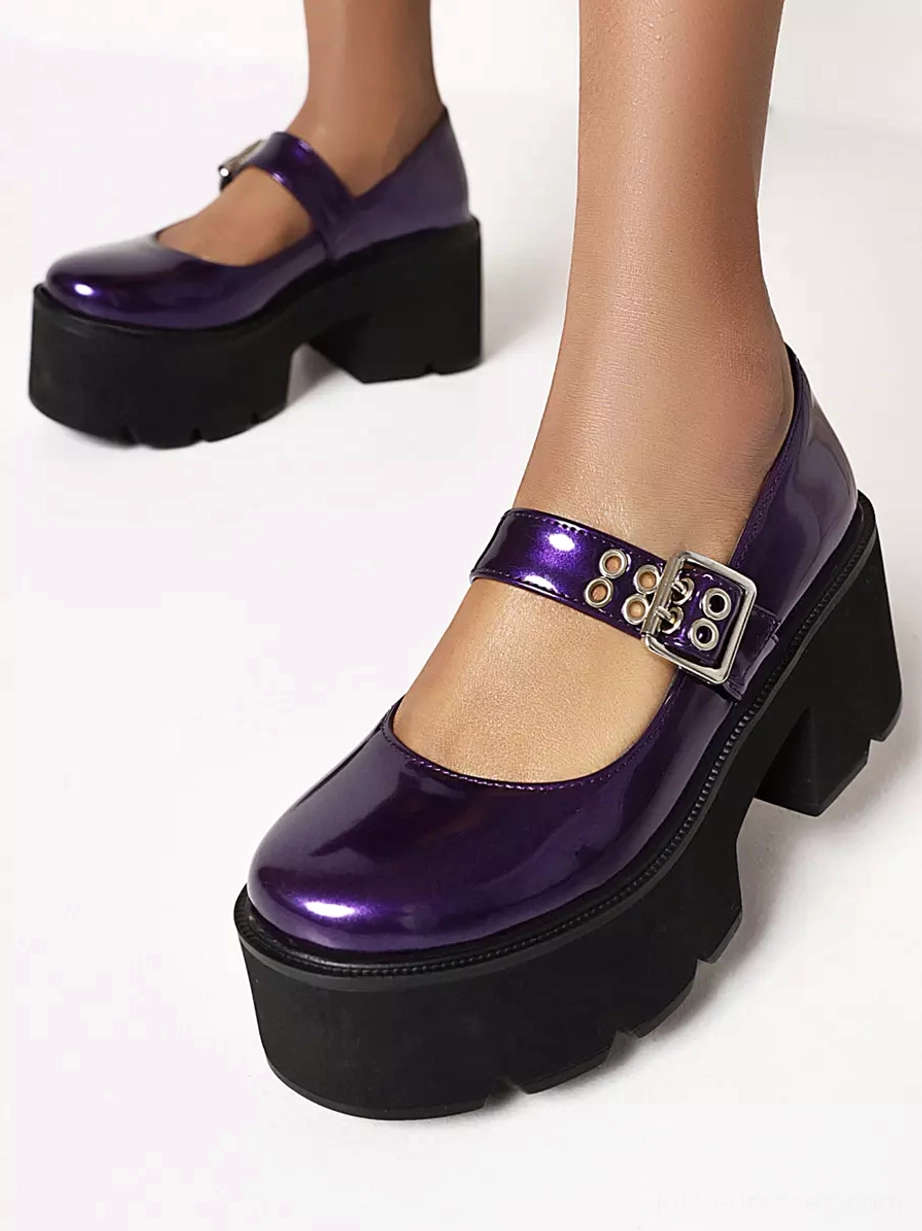 Royal purple Mary Jane platform lolita shoes with metal buckle ankle strap, side and top view showcasing patent leather finish and chunky black heel
