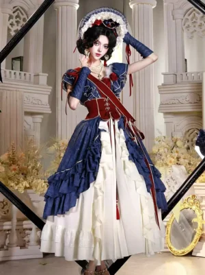 Royal Victorian Lolita maxi dress navy blue wine red white front view model wearing elegant ruffled corset waist lace trimmed dress palace setting