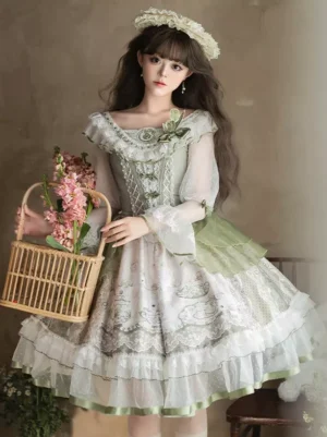 Sage bunny Lolita dress half-body front detail - showcasing embroidered corset bodice, layered tulle skirt with sage accents, model holding wicker flower basket, Sweet Lolita aesthetic