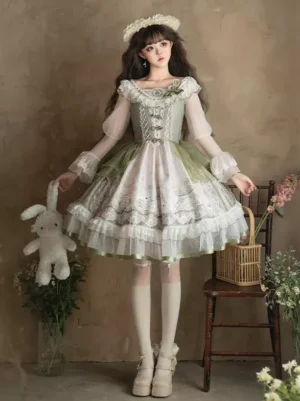 Sage bunny Sweet Lolita dress full front view - model wearing embroidered Victorian-style fairytale dress with ruffled square collar, sheer long sleeves, and layered A-line skirt with flower wreath and plush rabbit