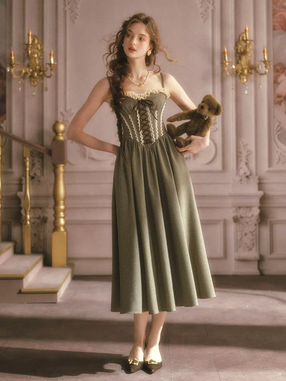 Sage green vintage corset fairy midi dress front lace-up sweet lolita full-body view with lace trim bust and A-line swing skirt on model in European palace setting