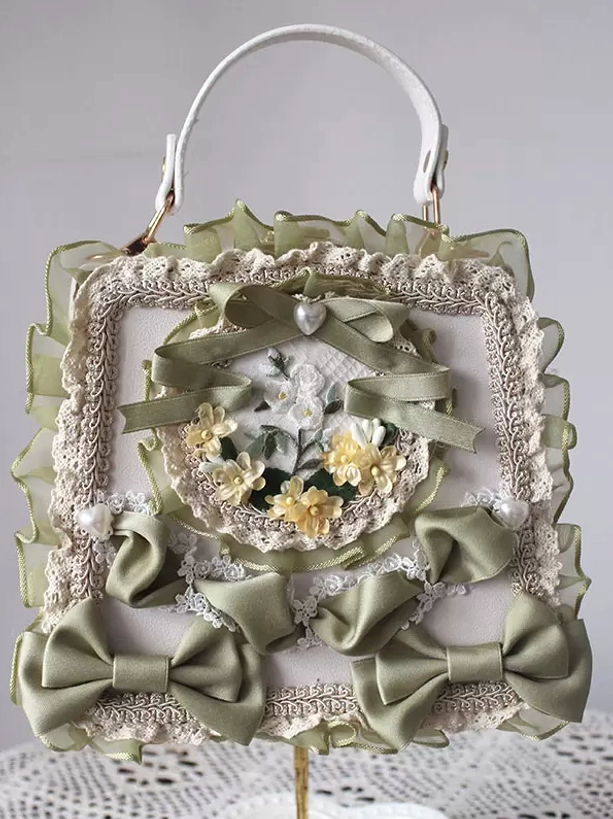 Sage green sweet lolita PU leather handbag with sage green satin bows lace trims yellow floral decor
