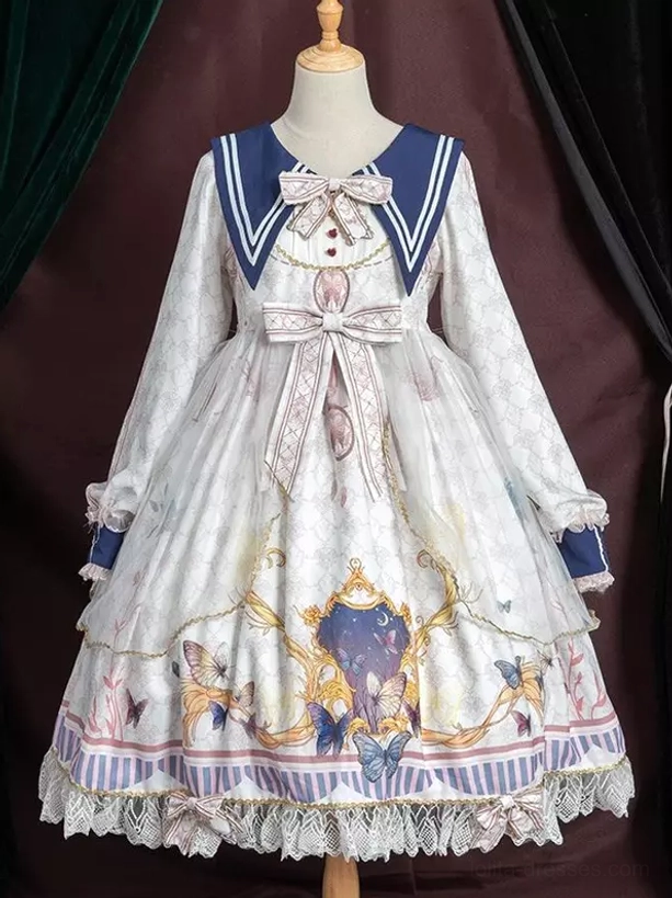 Sailor academic lolita dress with model styling showing complete coordinate with accessories, beret, and full fashion aesthetic