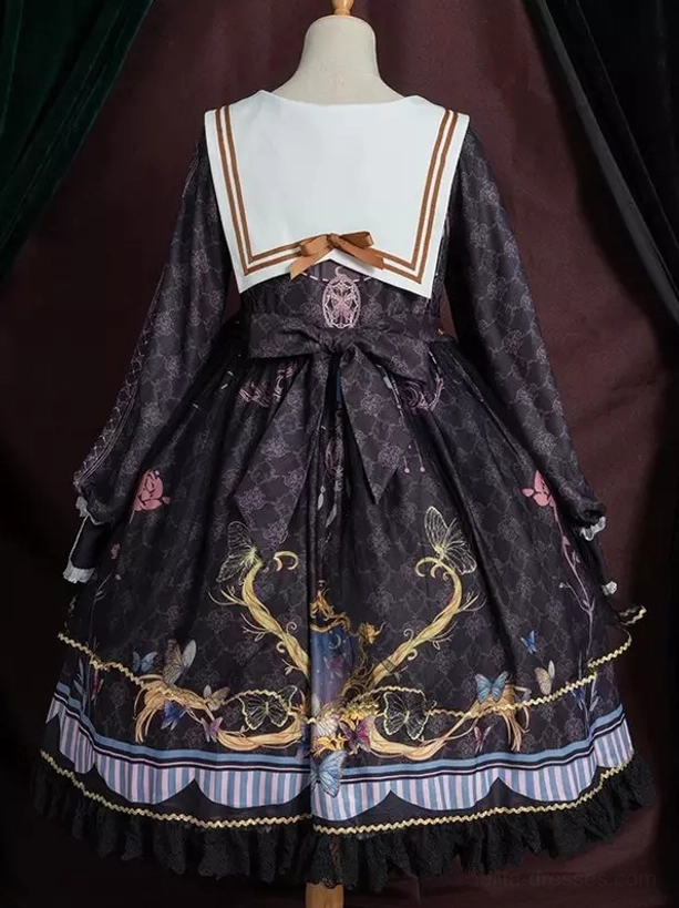 Sailor academic lolita one-piece dress alternative angle showing complete design, sailor collar, bowknot, and polished Lolita aesthetic