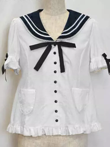White sailor collar short sleeve blouse front view with black sailor collar white stripe trim ruffled cuffs front bow button placket and pockets
