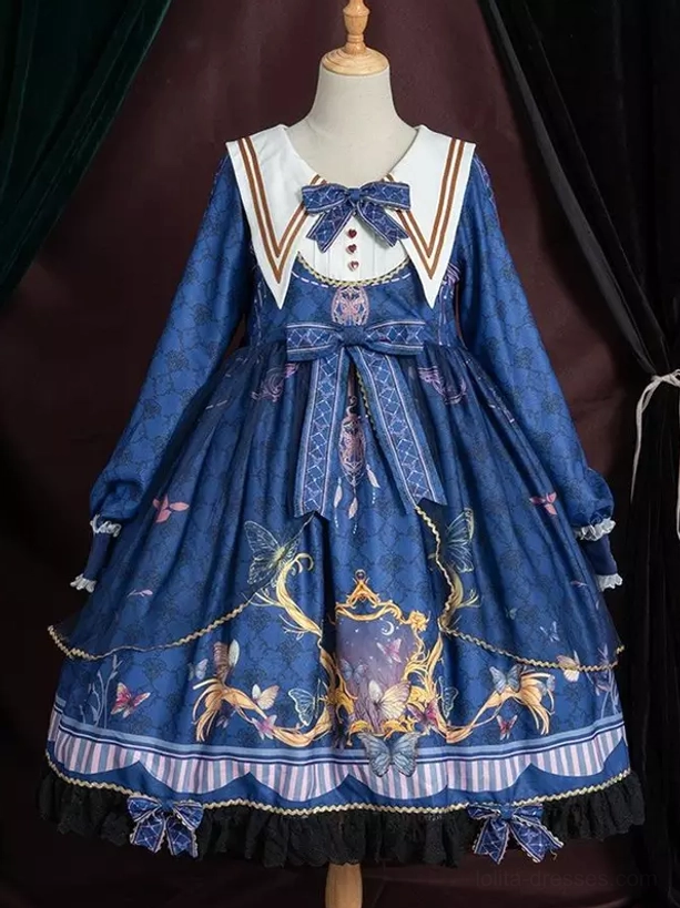 Sailor lolita OP dress collar detail showcasing structured sailor collar, front bowknot decoration, and refined construction