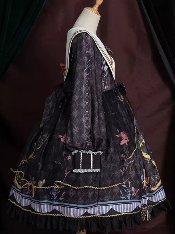 Sailor lolita OP dress skirt volume and drape showing full gathered skirt with lace trim, vintage print, and Lolita proportions