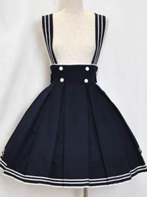 Navy pleated sailor lolita jumper skirt front display showing double stripe suspenders with white button decorations and coordinating stripe hem trim