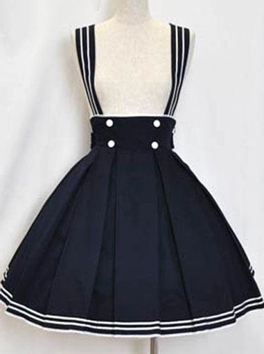 Navy pleated sailor lolita jumper skirt front display showing double stripe suspenders with white button decorations and coordinating stripe hem trim