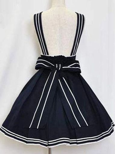 Sailor lolita pleated jumper skirt back view displaying large stripe bow at waist and shirred back waistband with stripe hem trim