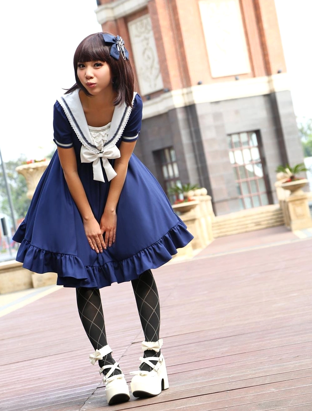 Sailor-style sweet lolita OP dress styling inspiration, complete coordinate with accessories