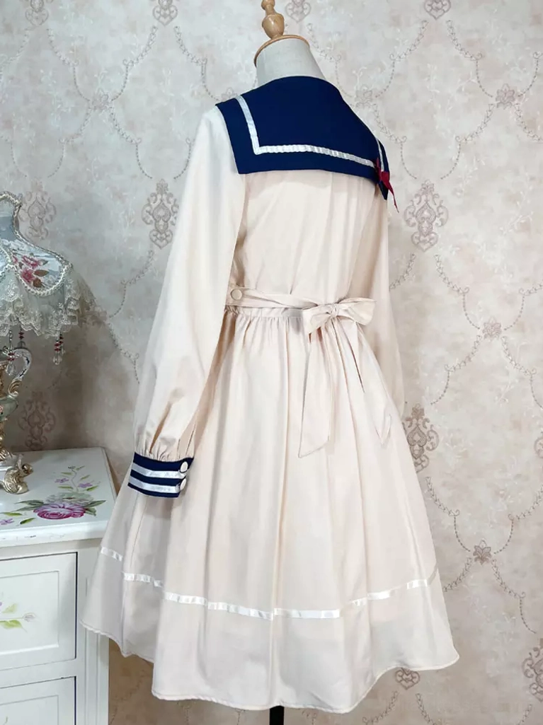 Sailor lolita dress back view beige fabric waist sash striped sleeve cuffs satin ribbon trim vintage aesthetic