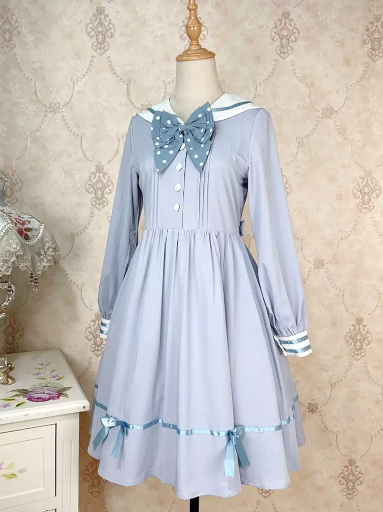 Light sky blue sailor lolita dress white sailor collar blue polka-dot bow tie blue ribbon trim striped sleeve cuffs front