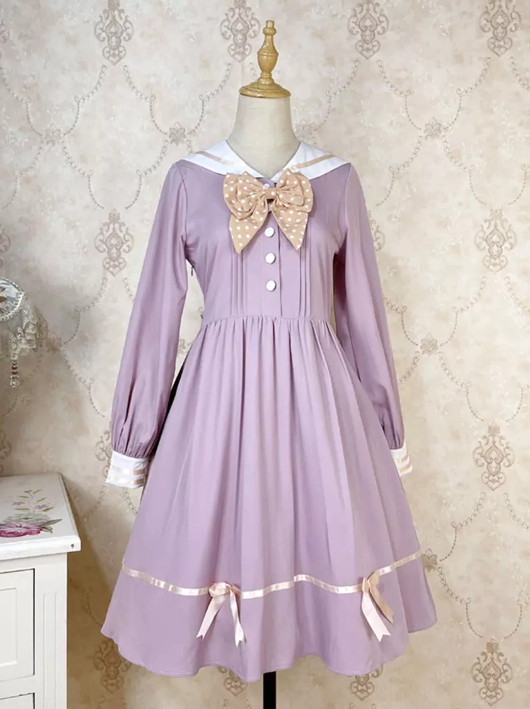 Pink sailor sweet lolita dress variant soft pastel beige collar light pink ribbon bows skirt hem front view mannequin