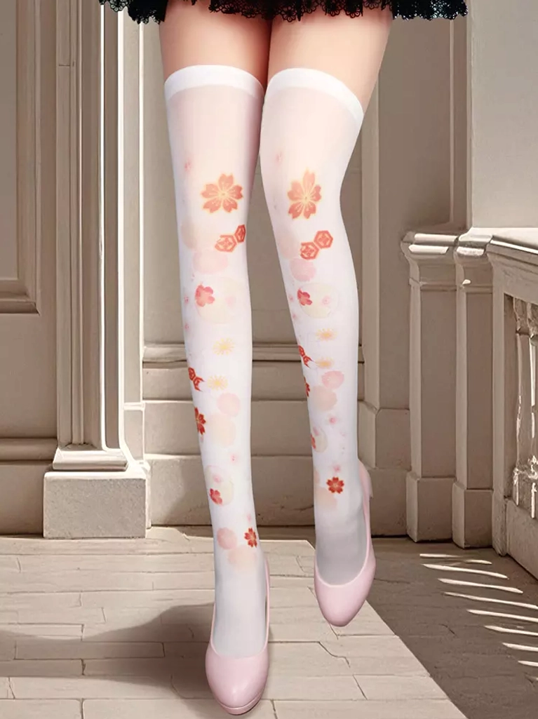 Sakura cherry blossom thigh-high sheer lolita socks with scattered floral prints on white material paired with pink flats and lace hem