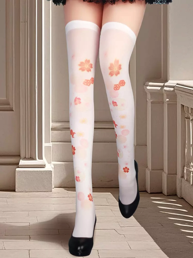 Sakura print sheer thigh-high lolita socks featuring scattered cherry blossom design on white base paired with black flats and lace skirt