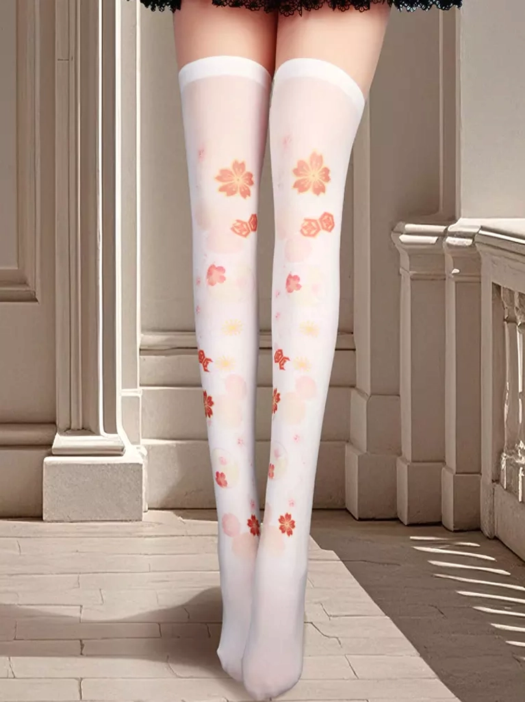 Sakura print sheer thigh-high lolita socks featuring neatly arranged cherry blossom patterns on white fabric front side angle close-up