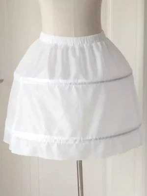 Short boned lolita petticoat crinoline white elastic waistband front view dress form mannequin structured silhouette