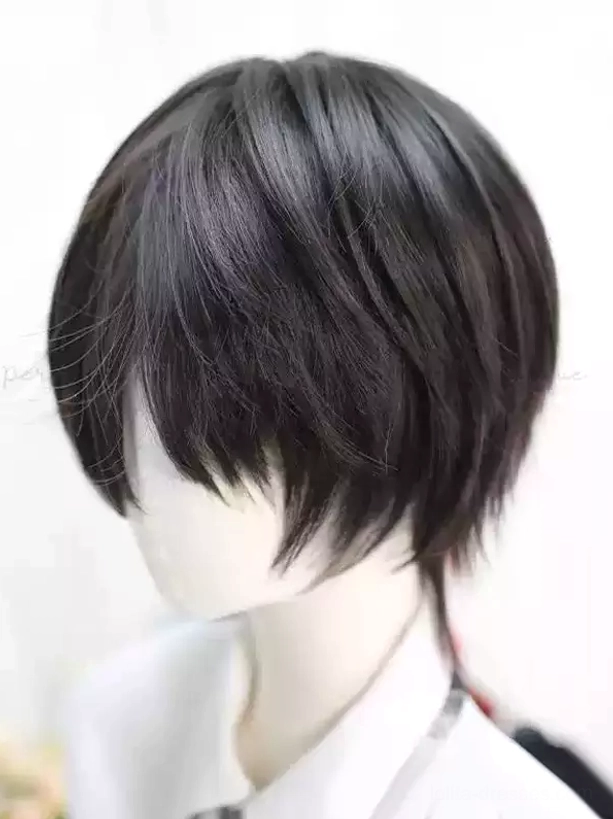 Short black lolita wig with thick side bangs and messy layered hair texture, left front angle view on headless mannequin in white shirt, detailed bang structure