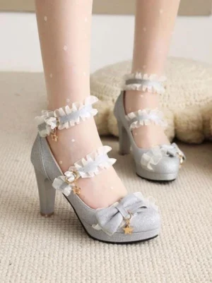 light-silver-blue-double-ruffle-lolita-pumps-chunky-heel-front-view-polka-dot-stockings-sweet-aesthetic