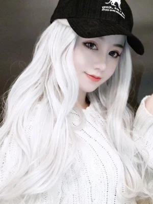 silver curly lolita wig long wavy hair three-quarter side portrait view showcase volume styling