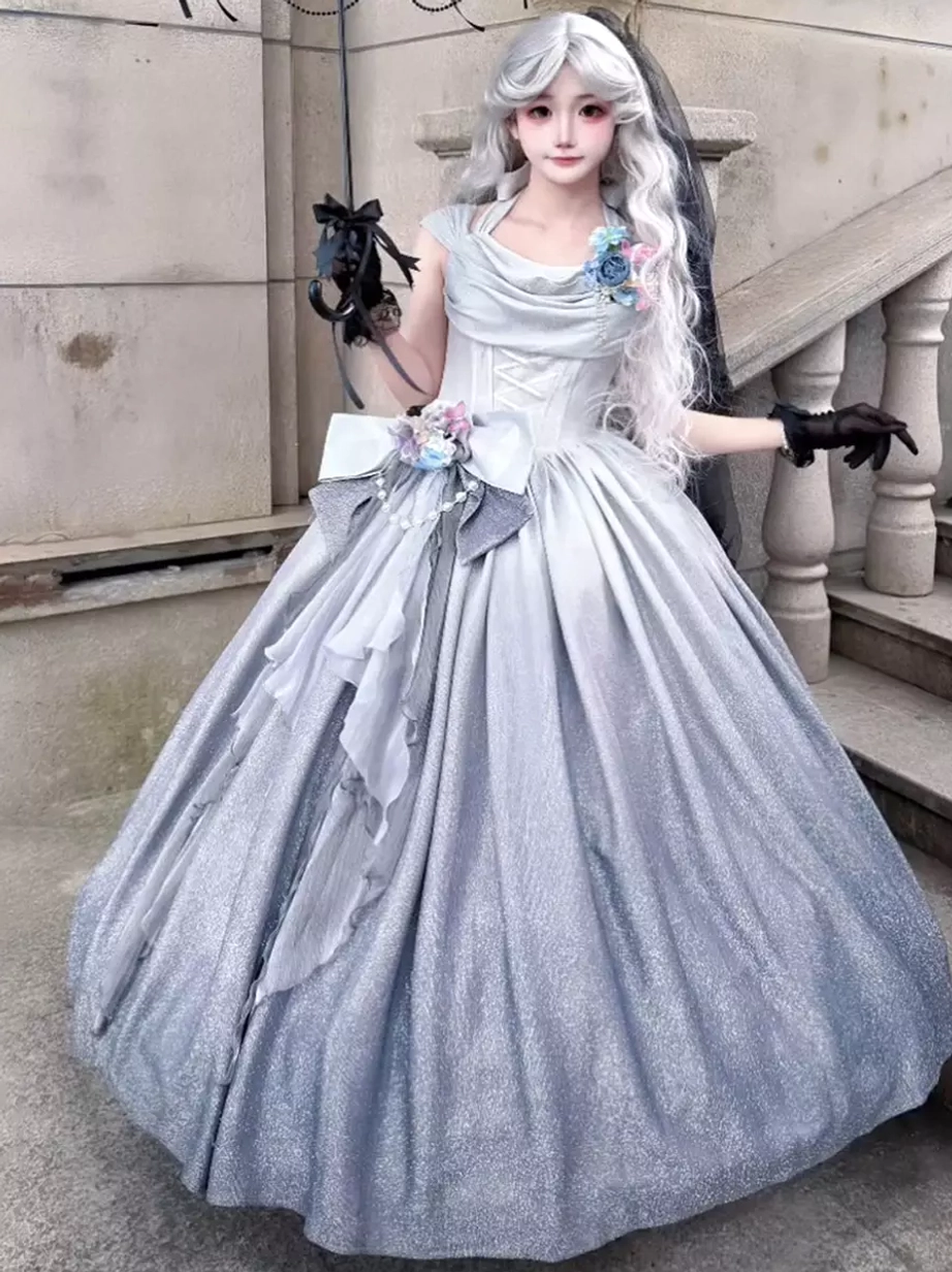 Silver glitter sleeveless sweet lolita ball gown off-shoulder dress full front view with model wearing silver curly hair black veil gloves outdoor stone stairs setting
