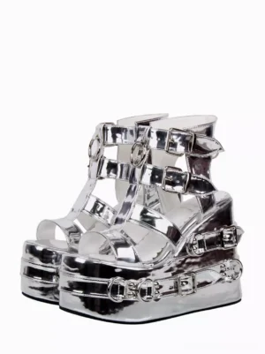 Silver Gothic Lolita platform sandals front three-quarter view showing multiple metal grommet buckle straps, open toe design, and shiny metallic PU leather on white background