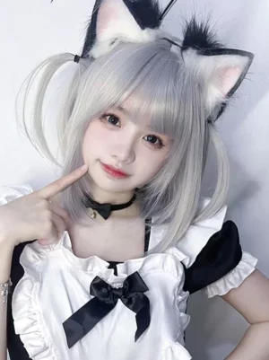 Silver gray short bob lolita wig with black cat ear headband and gothic choker on real model in maid outfit front view