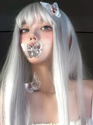 silver gothic lolita wig front face view with butterfly hair ornaments air bangs detailed styling