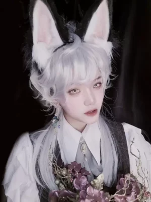Silver layered gothic lolita wig long hair styled on male cosplayer with fluffy rabbit ear headband paired with gothic vintage outfit and flower bouquet front view