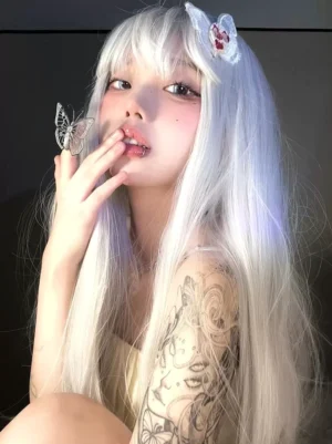 silver gothic lolita wig long straight bangs with decorative hairpins close-up side view model wearing cream camisole