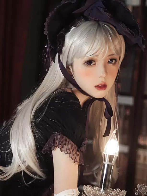 Silver long straight Lolita wig side view with flowing hair styled in dark Gothic bonnet and black top