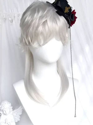 Silver gothic lolita wig displayed on mannequin with black mini top hat red flower chain tassel accessory wavy short crown straight long back hair front view