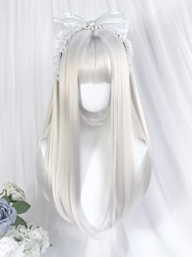 Silver long straight Lolita wig with lace bow accessory displayed on mannequin head with neat bangs and smooth texture